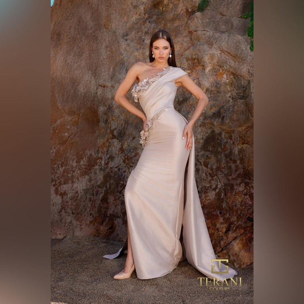 Terani Couture One-Shoulder Cream Dress